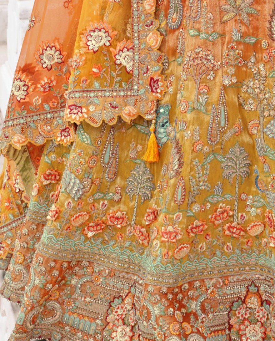 Orange - Cadmium Orange Fancy Silk Lehenga Choli With Cut Work Embroidery Border & Stone Work